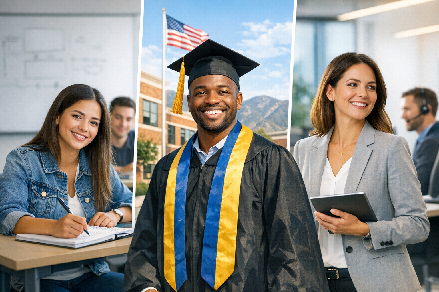 Diverse Valley State College graduates smiling confidently in their careers.
